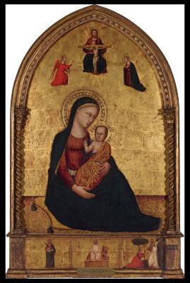Image for Madonna and Child with the Holy Trinity and the Annunciation; Anonymous Martyr Saint; Resurrection, "Noli me tangere"