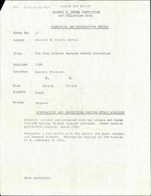 Image for K0017 - Condition and restoration record, circa 1950s-1960s
