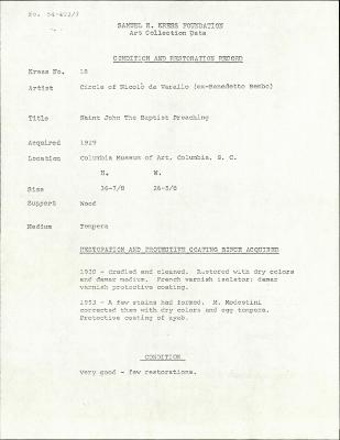 Image for K0018 - Condition and restoration record, circa 1950s-1960s