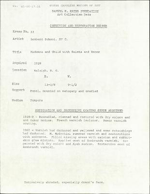 Image for K0022 - Condition and restoration record, circa 1950s-1960s