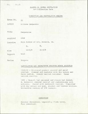 Image for K0025 - Condition and restoration record, circa 1950s-1960s