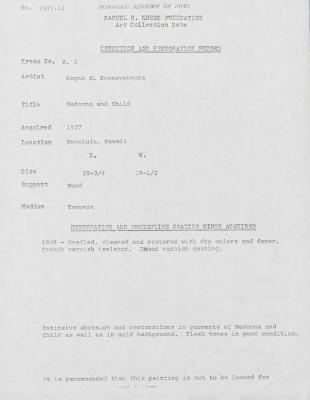 Image for K0003 - Condition and restoration record, circa 1950s-1960s