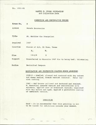 Image for K0008 - Condition and restoration record, circa 1950s-1960s