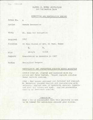 Image for K0009 - Condition and restoration record, circa 1950s-1960s