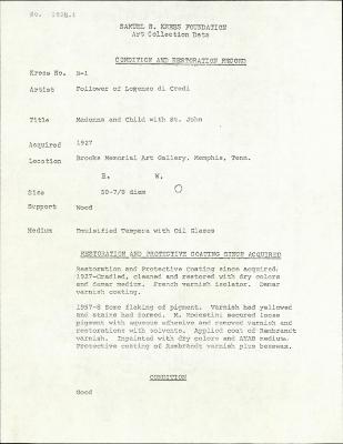 Image for K00B1 - Condition and restoration record, circa 1950s-1960s