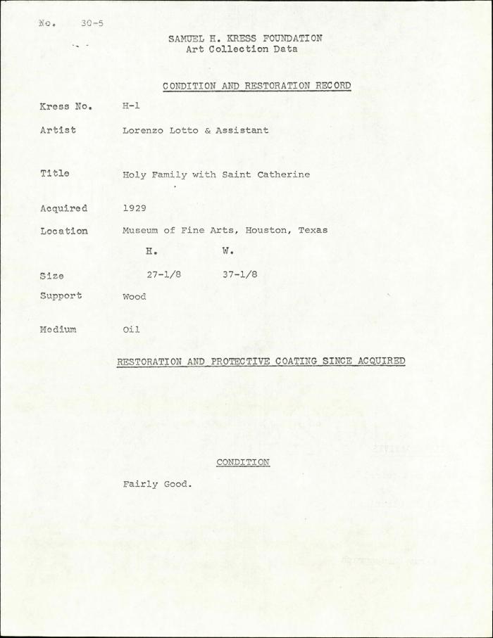 Image for K00H1 - Condition and restoration record, circa 1950s-1960s