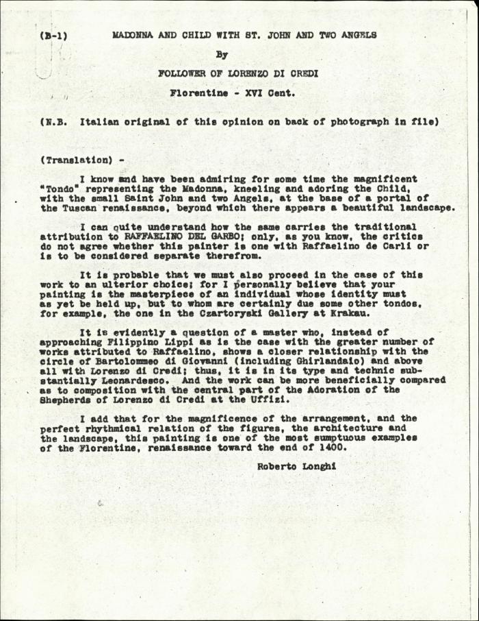 Image for K00B1 - Expert opinion by Longhi, circa 1920s-1950s