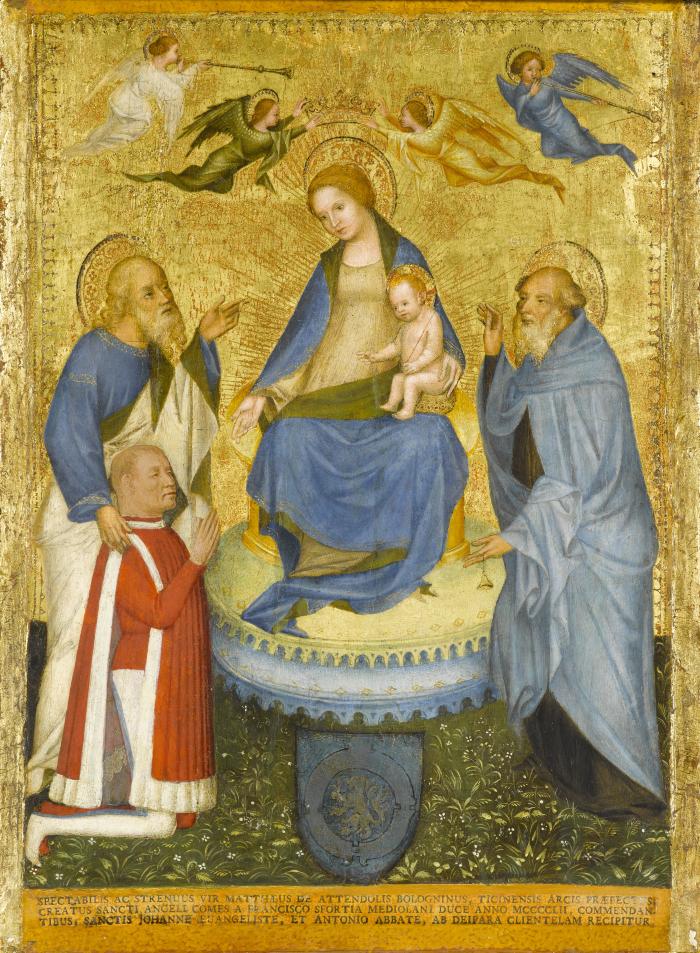 Image for Virgin and Child Crowned by Angels, with Saint John the Evangelist, Saint Anthony Abbot, and a Donor