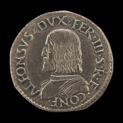 Image for Alfonso I d'Este, 1476-1534, 3rd Duke of Ferrara, Modena and Reggio 1505 [obverse]; Helmeted Nude Figure Seated, Holding Lion's Head from which Issue Bees [reverse]