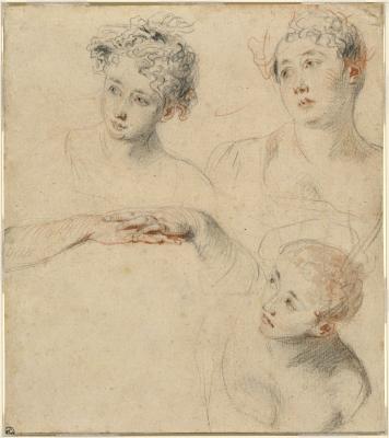 Image for Three Studies of a Woman's Head and a Study of Hands [recto]; View of a House, a Cottage, and Two Figures [verso]