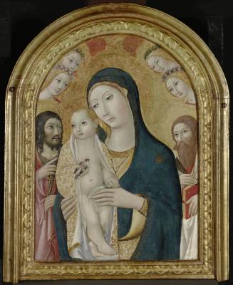 Image for Madonna and Child with Saint John the Baptist, Saint Bartholomew, and Four Angels [obverse]; Emblem of St. Bernardine [reverse]